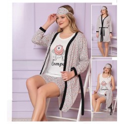 Set Pijama Dama cu Halat alba cu dungi gri tricou alb cu imprimeu si pantaloni trei sferturi SHPJD01 Set Pijama Dama cu Halat alba cu dungi gri tricou alb cu imprimeu si pantaloni trei sferturi SHPJD01