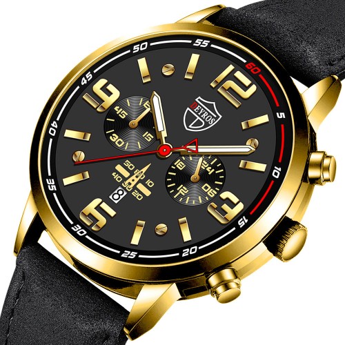 Ceas Barbatesc Elegant cu cadran si cifre aurii si bratara din piele neagra Deyros QUARTZ CBQZ019