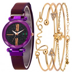 Set Ceas Dama cu 4 Bratari Fashion si Curea Magnetica Adaptabila purple CDQZ061 Set Ceas Dama cu 4 Bratari Fashion si Curea Magnetica Adaptabila purple CDQZ061