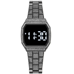 Ceas Dama Luxury negru cu pietre pe carcasa afisaj led si bratara metalica CDQZ082 Ceas Dama Luxury negru cu pietre pe carcasa afisaj led si bratara metalica CDQZ082