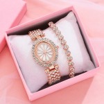 Set Ceas Dama Rosegold oval din metal cu strasuri + bratara QUARTZ CDQZ118