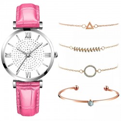 Ceas Dama cu bratara piele eco roz si set de 4 bratari aurii +Cutie CADOU QUARTZ CDQZ121 Ceas Dama cu bratara piele eco roz si set de 4 bratari aurii +Cutie CADOU QUARTZ CDQZ121