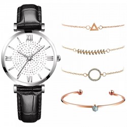 Ceas Dama din bratara piele eco neagra cu set de 4 bratari aurii +Cutie CADOU QUARTZ CDQZ121 Ceas Dama din bratara piele eco neagra cu set de 4 bratari aurii +Cutie CADOU QUARTZ CDQZ121