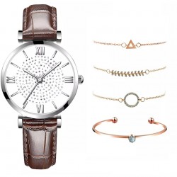 Ceas Dama cu bratara piele eco maro si set de 4 bratari aurii +Cutie CADOU QUARTZ CDQZ121 Ceas Dama cu bratara piele eco maro si set de 4 bratari aurii +Cutie CADOU QUARTZ CDQZ121