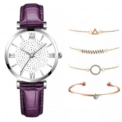 Ceas Dama cu bratara piele eco mov si set de 4 bratari aurii +Cutie CADOU QUARTZ CDQZ121 Ceas Dama cu bratara piele eco mov si set de 4 bratari aurii +Cutie CADOU QUARTZ CDQZ121