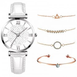 Ceas Dama cu bratara piele eco alba si set de 4 bratari aurii + Cutie CADOU QUARTZ CDQZ121 Ceas Dama cu bratara piele eco alba si set de 4 bratari aurii + Cutie CADOU QUARTZ CDQZ121