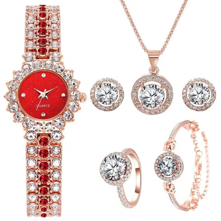 Set Ceas Dama Elegant rosu cu set bijuterii cadou: cercei + colier + bratara + inel + cutie  QUARTZ CDQZ130