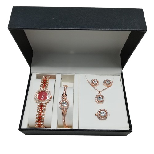 Set Ceas Dama Elegant rosu cu set bijuterii cadou: cercei + colier + bratara + inel + cutie  QUARTZ CDQZ130