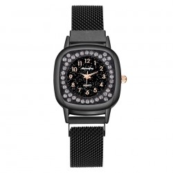 Ceas Dama Elegant Negru cu strasuri cadran patrat  bratara magnetica QUARTZ CDQZ138 Ceas Dama Elegant Negru cu strasuri cadran patrat  bratara magnetica QUARTZ CDQZ138