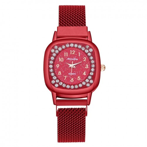 Ceas Dama Elegant Rosu cu strasuri cadran patrat  bratara magnetica QUARTZ CDQZ138