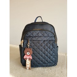 Rucsac fashion albastru din material textil impermeabil cusaturi fine geometrice si breloc fashion cu ursulet ACRD258 Rucsac fashion albastru din material textil impermeabil cusaturi fine geometrice si breloc fashion cu ursulet ACRD258