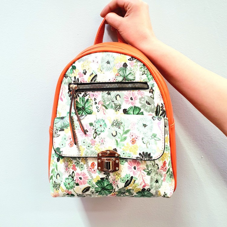 Rucsac fashion portocaliu din piele eco cu print floral  ACRD264