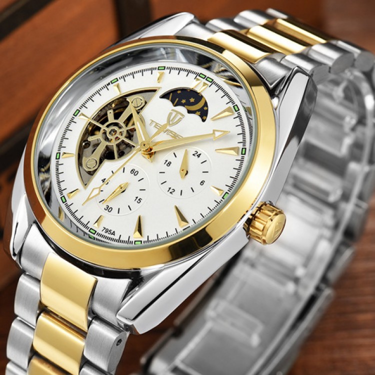 Ceas Barbatesc Business Automatic Gold White cu bratara metalica Tevise CBTV005