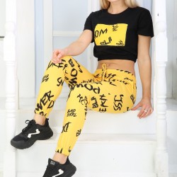 Trening Dama Fashion galben cu bluza scurta si pantaloni cu talie inalta TND015 Trening Dama Fashion galben cu bluza scurta si pantaloni cu talie inalta TND015