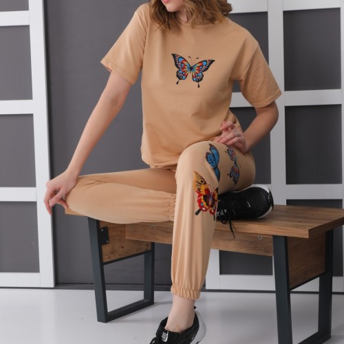Trening  Dama sport casual bej compus din tricou si pantaloni de trening cu imprimeu fluturi TND020