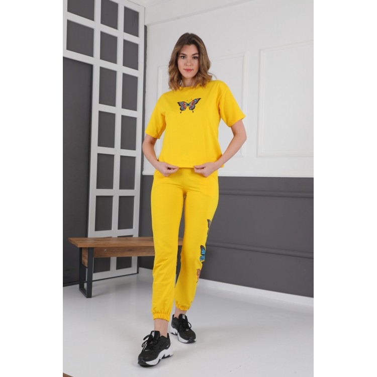 Trening Dama sport casual galben compus din tricou si pantaloni de trening cu imprimeu fluturi TND020