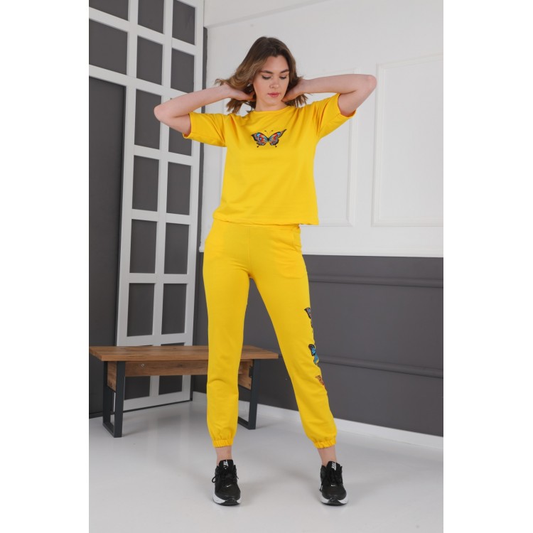 Trening Dama sport casual galben compus din tricou si pantaloni de trening cu imprimeu fluturi TND020