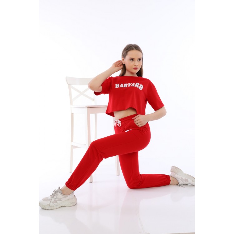 Trening  Dama sport casual rosu compus din tricou scurt si pantaloni de trening cu talie inalta College TND021