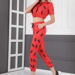 Trening Dama Fashion sport casual rosu compus din hanorac scurt si pantaloni de trening cu talie inalta Dollar TND023 Trening Dama Fashion sport casual rosu compus din hanorac scurt si pantaloni de trening cu talie inalta Dollar TND023