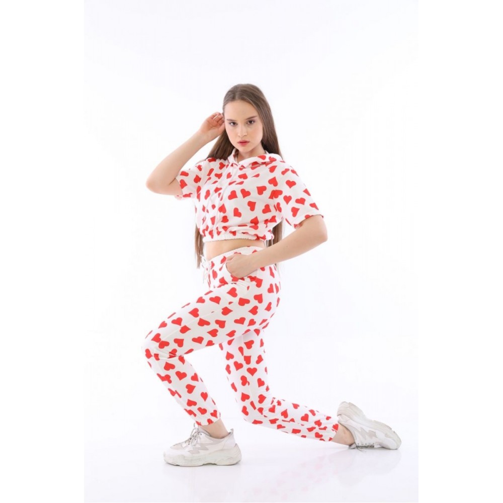 Trening Dama sport casual alb compus din hanorac scurt si pantaloni de trening cu talie inalta love TND024