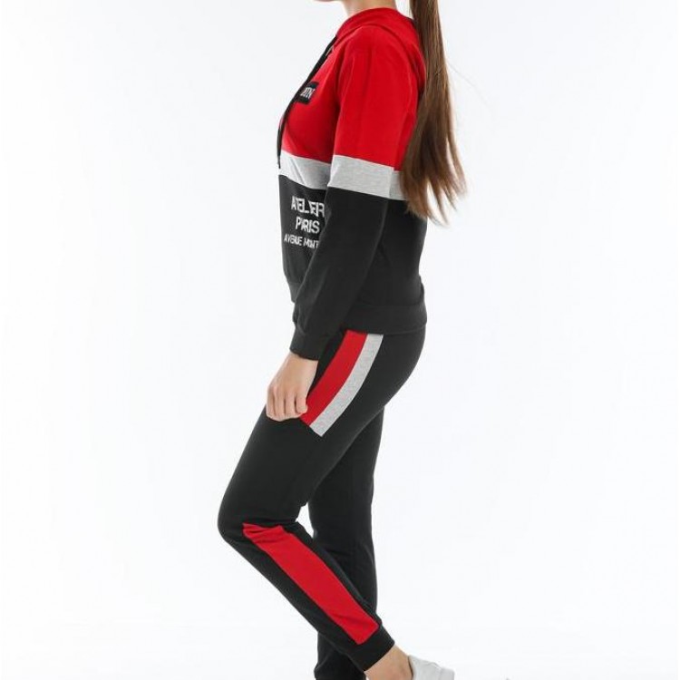 Trening Dama sport casual rosu compus din hanorac scurt si pantaloni de trening cu talie inalta TND036