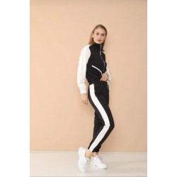 Trening Dama Fashion negru cu alb din 2 piese casual chic TND037 Trening Dama Fashion negru cu alb din 2 piese casual chic TND037