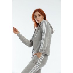 trening Dama Catifea gri sport compus din bluza si pantaloni de trening cu talie inalta si bluza cu gluga TND039