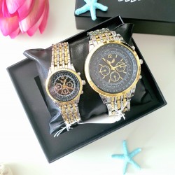 Set 2 Ceasuri pentru Cupluri Ulysses  cu bratara metalica auriu cu argintiu si cadran negru + Cutie Cadou SBD03 Set 2 Ceasuri pentru Cupluri Ulysses  cu bratara metalica auriu cu argintiu si cadran negru + Cutie Cadou SBD03