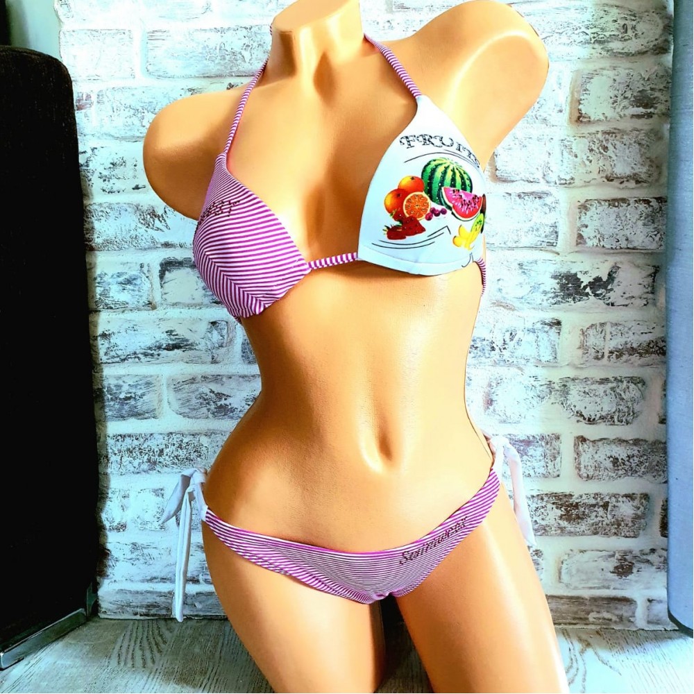 Costum de Baie roz din doua piese cu sutien triunghi push up si slip cu inchidere laterala Fruits CBD001