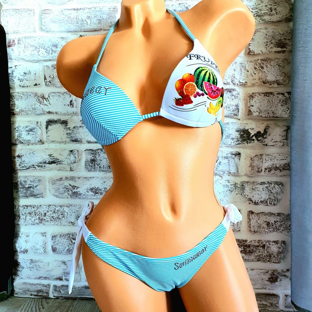 Costum de Baie albastru din doua piese cu sutien triunghi push up si slip cu inchidere laterala Fruits CBD001