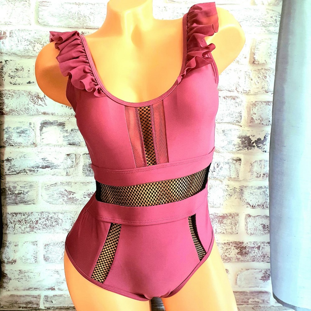 Costum de Baie intreg cu volanase si insertie de plasa CBD003