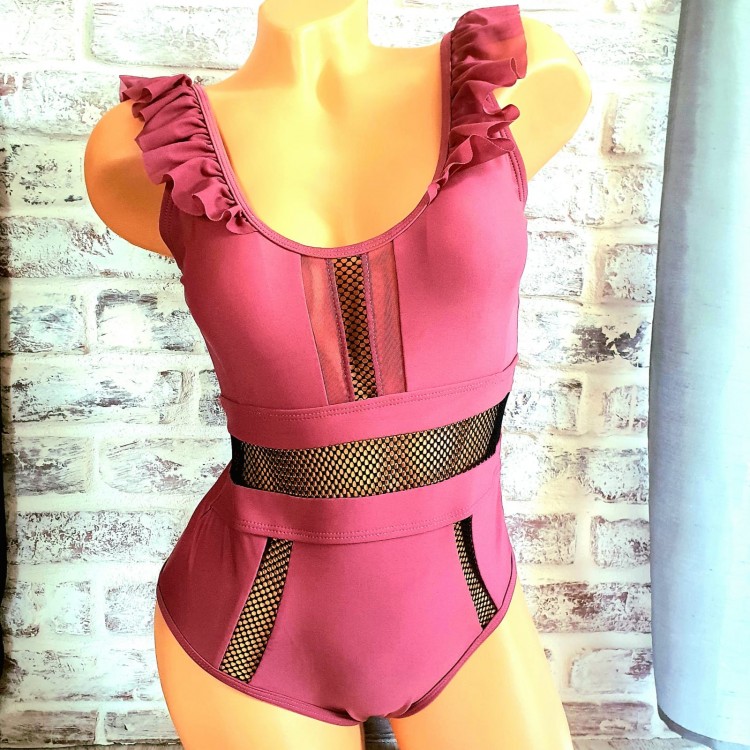Costum de Baie intreg cu volanase si insertie de plasa CBD003