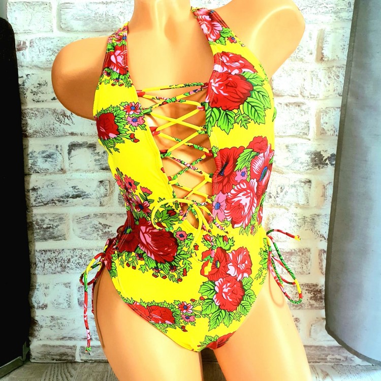 Costum de Baie intreg galben cu imprimeu floral CBD013