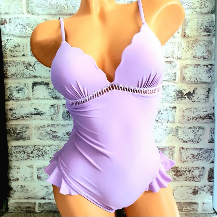 Costum de Baie intreg Lila cu intaritor la bust si slip brazilian cu volanase CBD018