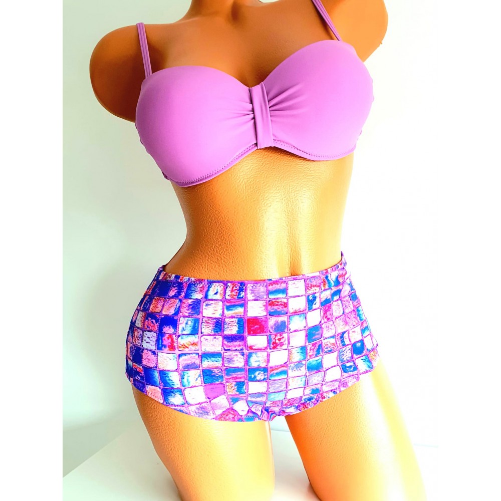 Costum de Baie din doua piese cu sutien mov lila balconette cu push up bretele detasabile slip cu multicolor cu talie inalta CBD024