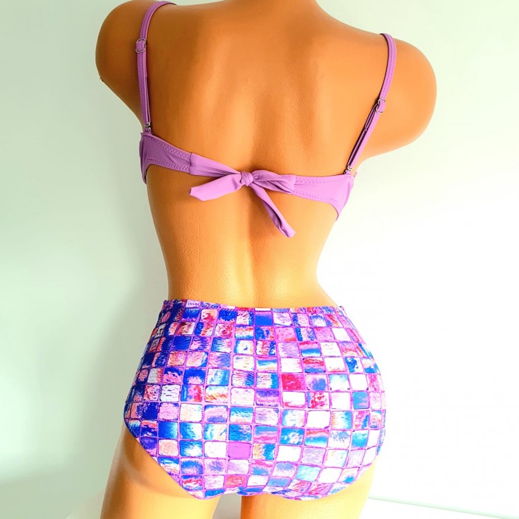 Costum de Baie din doua piese cu sutien mov lila balconette cu push up bretele detasabile slip cu multicolor cu talie inalta CBD024